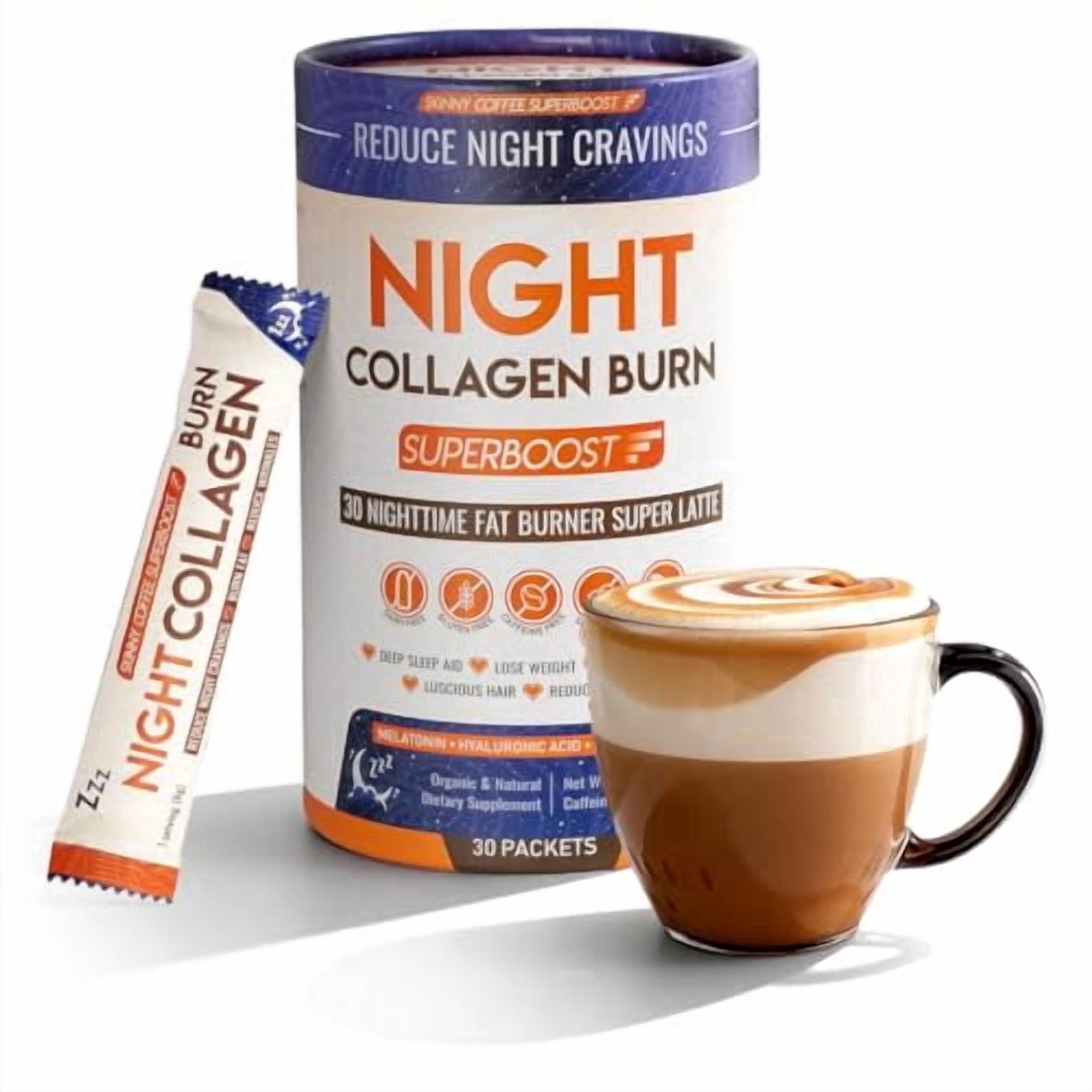 Night Collagen Burn - Weight Loss & Belly Fat Burner & Sleep Aid for Women & Men | Sleep Support for Bloating & Metabolism, Appetite Suppressant | Supports Skin, Hair, Nails & Joints | 30 Servings