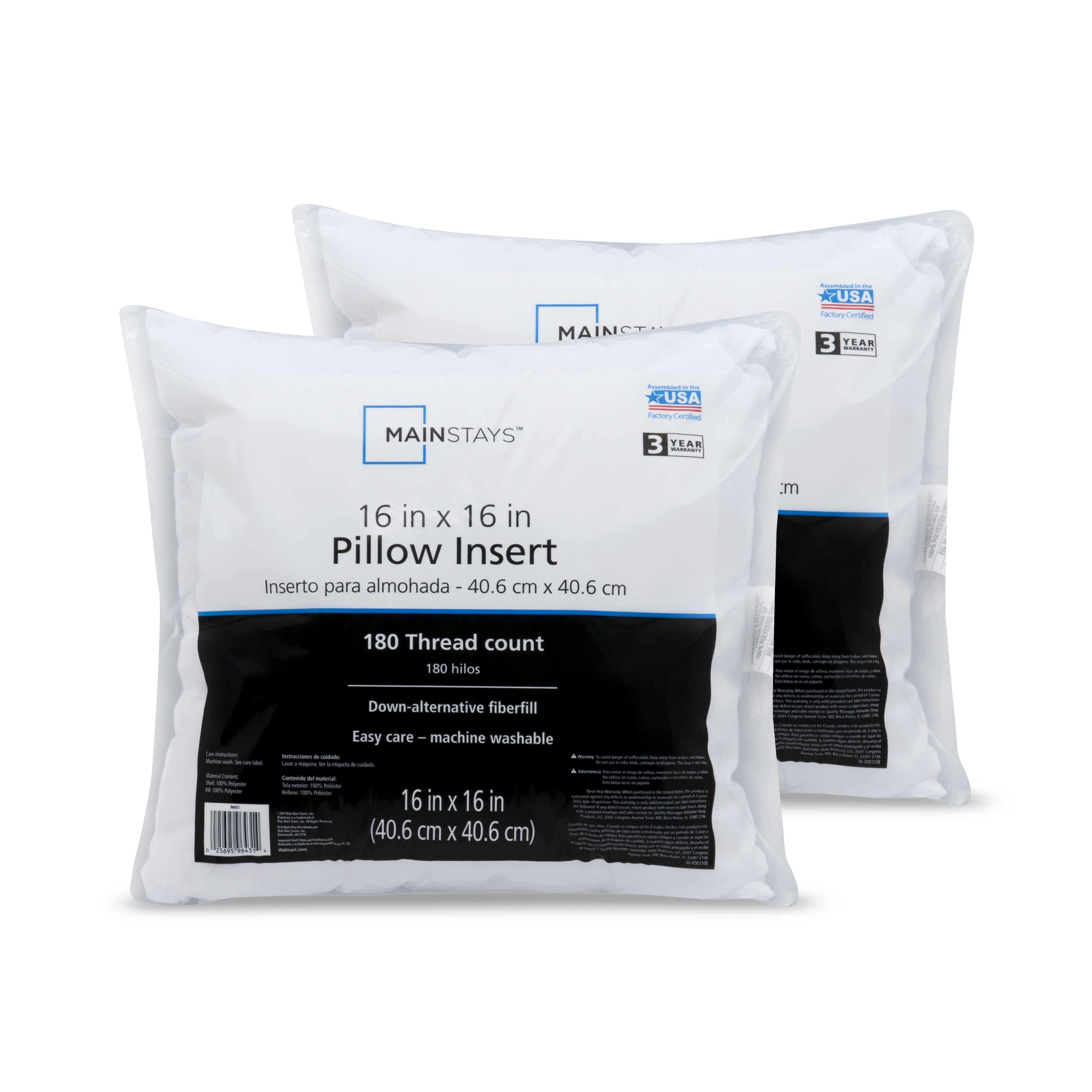 Mainstays Decorative Pillow Insert 100 Polyester 16 X 16 Set Of