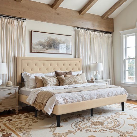 Amolife King Bed Frame with Adjustable Headboard, Fabric Upholstered Platform Bed, No Box Spring Required, Beige