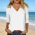 thumbnail image 5 of Women's 3/4 Sleeve Tops V Neck Loose Fit T Shirts Solid Color Casual Spring Summer Base Comfy Tees (XL, White), 5 of 7