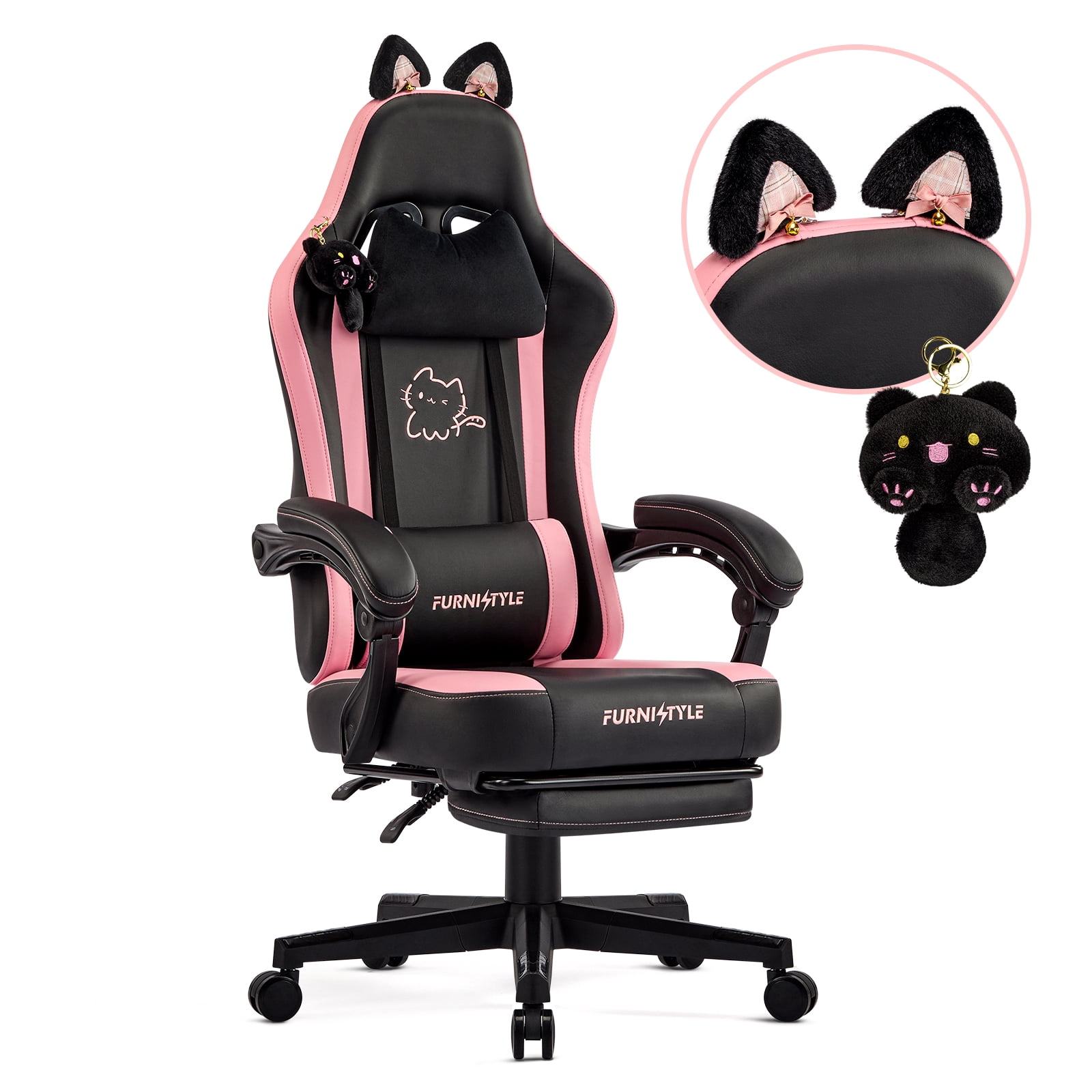 Falvinoryn Cute Gaming Chair, Ergonomic Computer Chair with Cat Ears for Girl, Lumbar Support and Headrest, Reclining Game Chair with Footrest. Black
