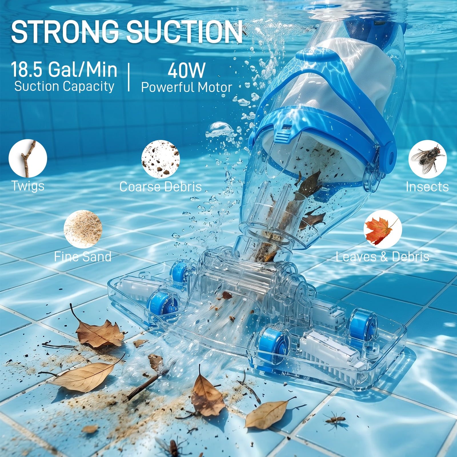 Ktaxon Cordless Pool Vacuum Cleaner with Adjustable Pole, Rechargeable Handheld Pool Cleaner, 18.5 GPM Suction, Dual Cleaning Modes, 2 Filters, for In-Ground Pools, Above-Ground Pools