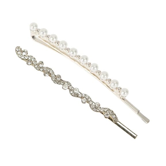 Unique Bargains 1 Pair Bobby Pin Faux Pearl Hair Clips Silver Tone White