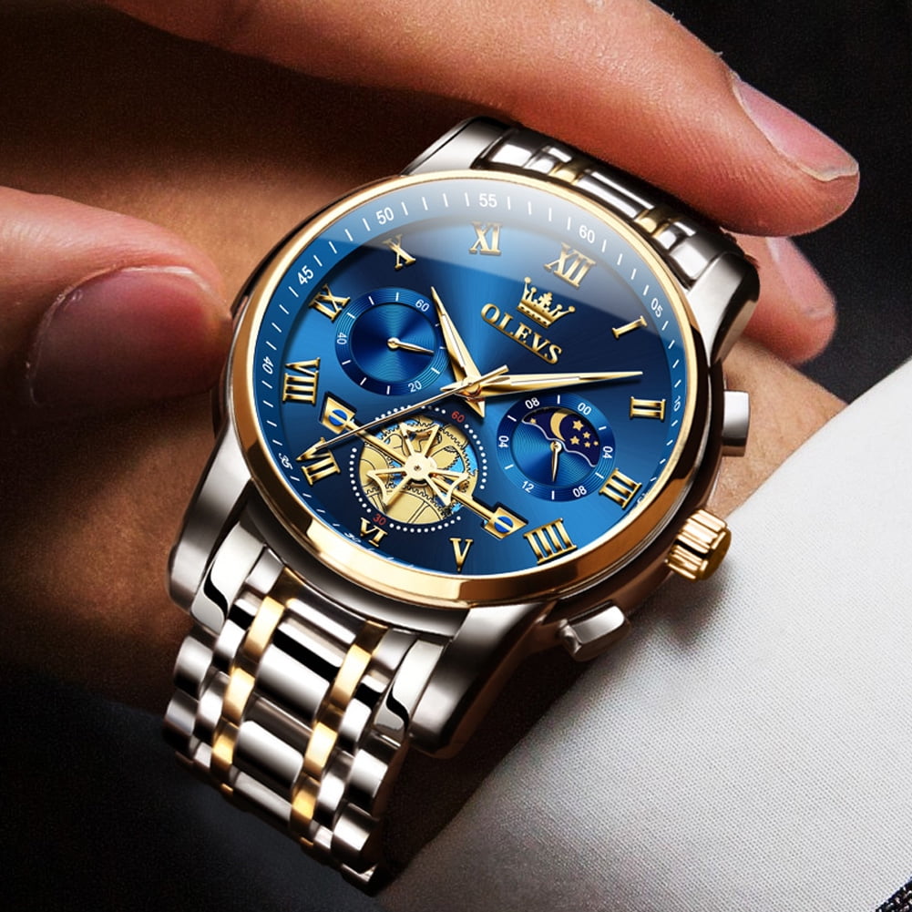 OLEVS Mens Watches Chronograph Business Dress Quartz Stainless Steel Waterproof Luminous Date Wrist Watch For Men Blue Dial