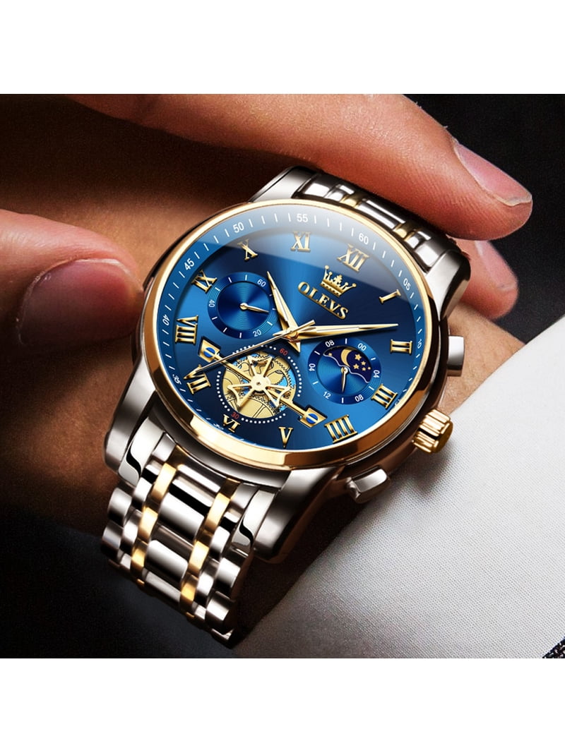 OLEVS Aqua Blue Dial Stainless Steel Quartz Luxury Watch Amazon.com: OLEVS Blue Watch for Men Moon Phase Business  main image 4