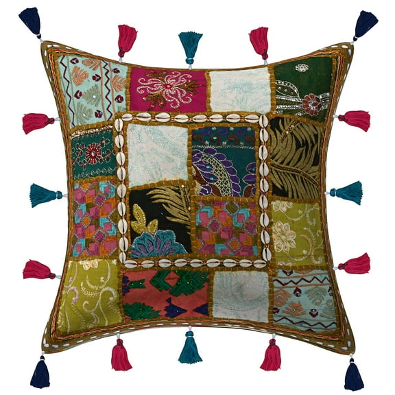 Stylo Culture Embroidered Patchwork Cowrie Tassels Couch Throw Pillow Cover 16x16 Indian Olive Green Tribal Hippie 40 x 40 cm Lounge Decor Cotton Floral Square Cushion Cover | 1 Pc