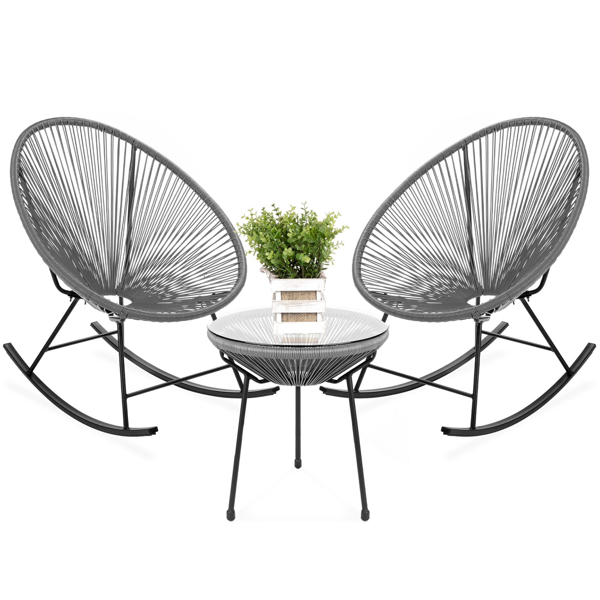 Best Choice Products 3-Piece All-Weather Patio Woven Rope Acapulco Bistro Furniture Set w/ Rocking Chairs, Table - Gray