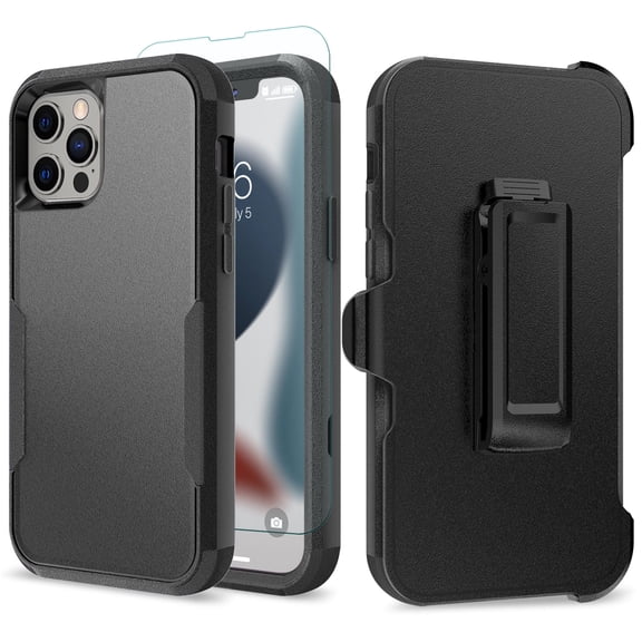 TJS Phone Case for iPhone 11 Pro Case with Tempered Glass Screen Protector, Belt Clip Holster Heavy Duty Rugged Shockproof Full Body Protection Cover (Black)