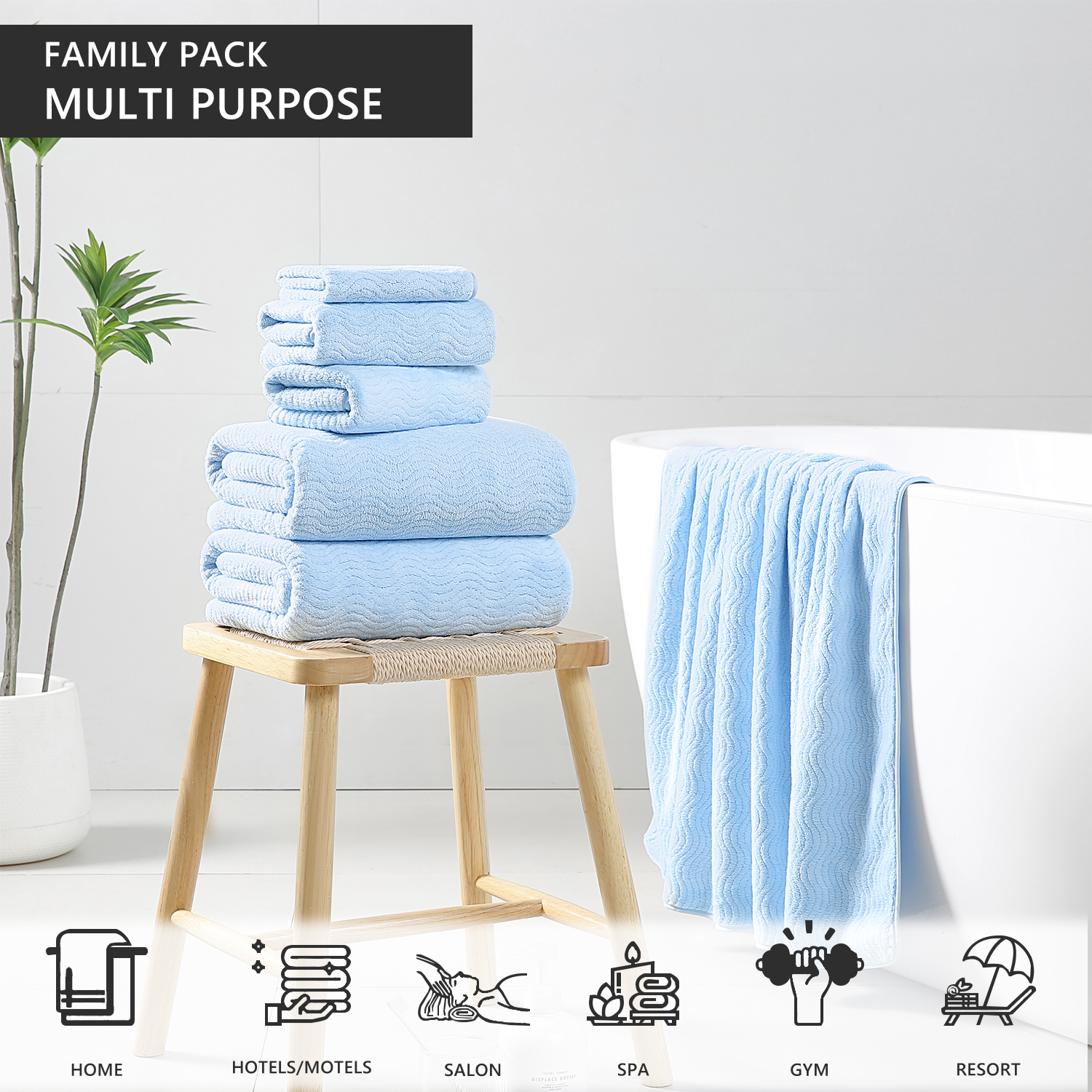 Covina Home 8 Pcs Bath Towel Set Light Blue Microfiber Bathroom Towel Set Ultra Soft Plush Oversized Towels Adult Luxury Bath Sheet