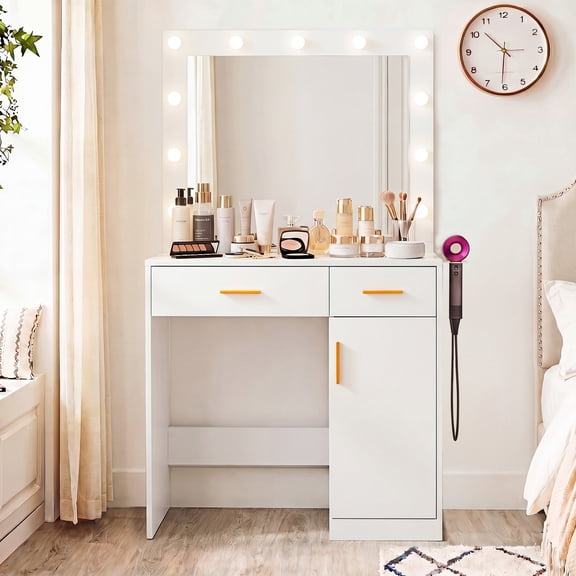 EDX Vanity Desk with Mirror and Lights, Makeup Vanity Table with Hair Dryer & Power Outlet, 2-Drawer Dressing Table for Bedroom,White