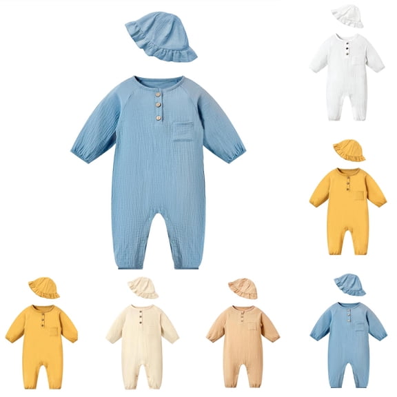 Toddler Outfits Children's Elastic Waistband Kidsbaby Outfit Set Long Sleeve Romper Hat Casual Newborn Beige 6-12Month