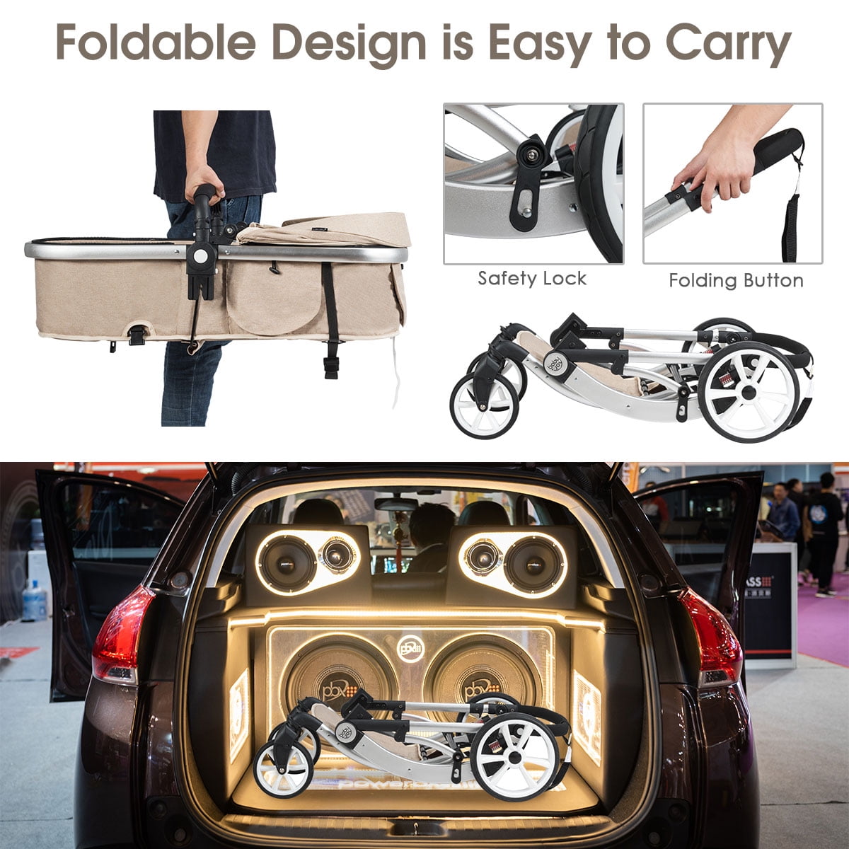 Infans Aluminum Infant Reversible Outdoor Foldable Stroller W/Diaper Bag Beige