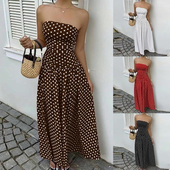 XUNKUSGA Cocktail Dresses for Women Trendy Polka Dot Strapless Womens Maxi Dress Casual Smocked Tube Top Swing Flowy Wedding Guest Dress,Black,S