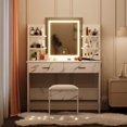thumbnail image 4 of Vanity Desk with Lighted Mirror, Makeup Vanity Set with Power Outlet, Cushioned Stool, Vanity Table with 6 Storage Shelves, 2 Large Drawers and 3 Color Light Adjustable Brightness, Pink, 4 of 9