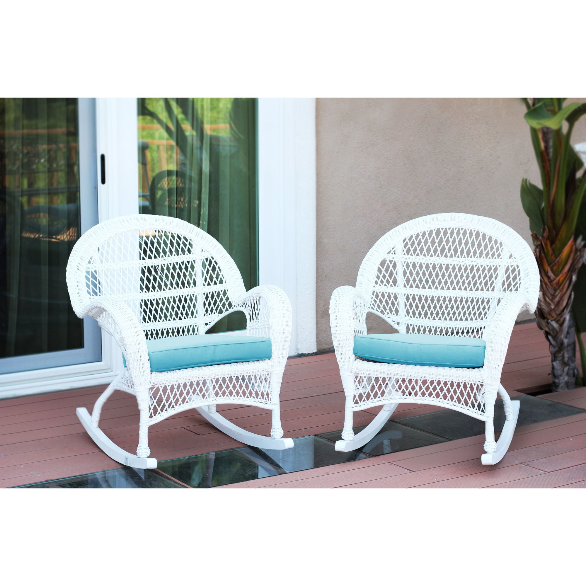 Set of 2 White Wicker Outdoor Furniture Patio Rocking Chairs - Sky Blue