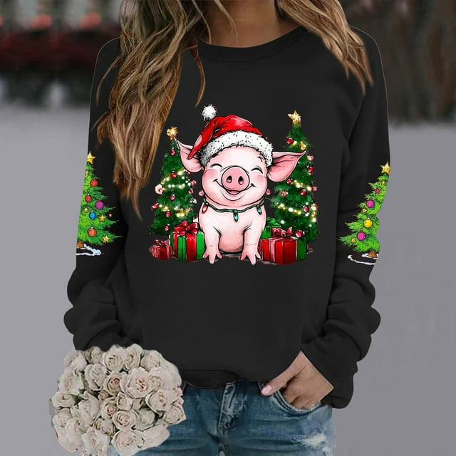 Chandail de Noël pour Femmes, Chandail à Capuche Imprimé Col Rond Manches Longues Drôle Noir TTG