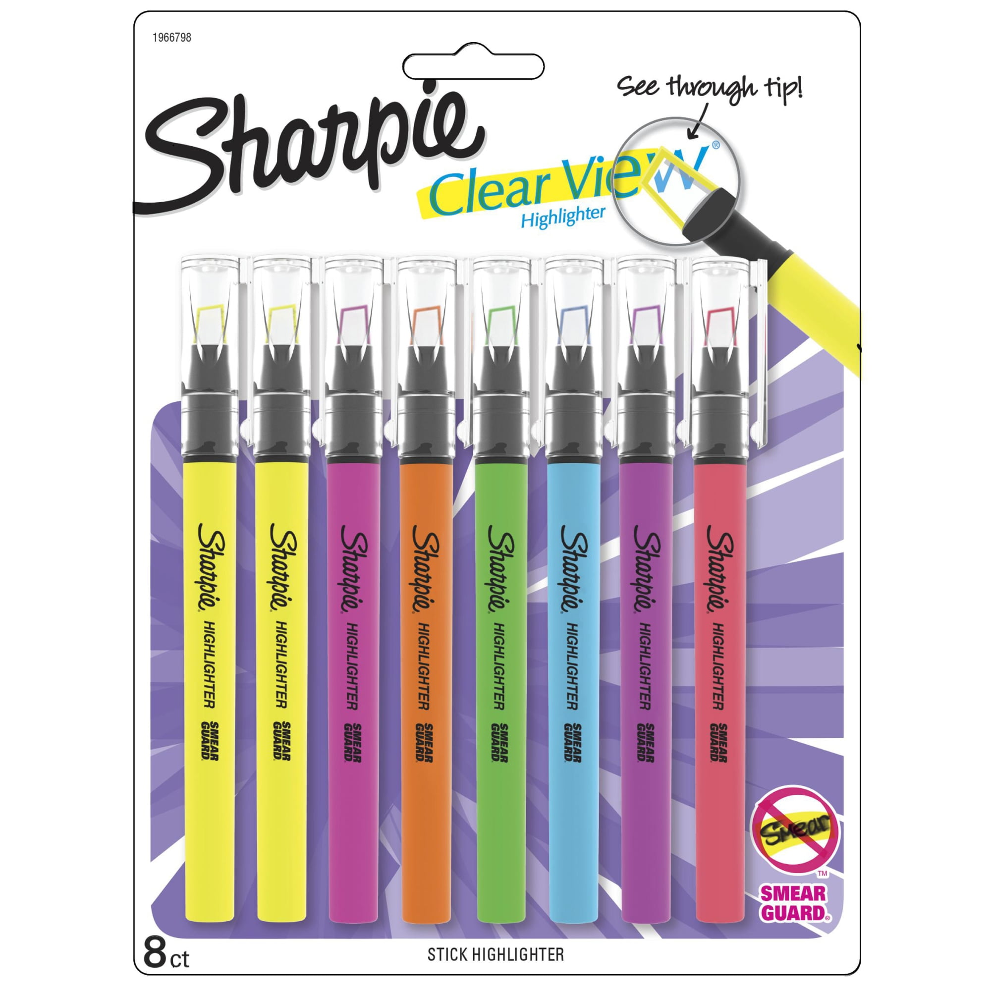 Sharpie® Clear View® Stick Highlighters, Chisel Tip, Assorted Ink Colors, Pack Of 8