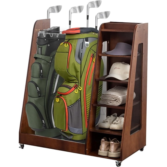 Wooden Golf Bag Organizer for 2 Bags with Wheels & Hooks – Golf Storage Rack with Shoe Shelves, Club Holders – Garage, Home Simulator, Basement & Clubhouse Golf Equipment Stand