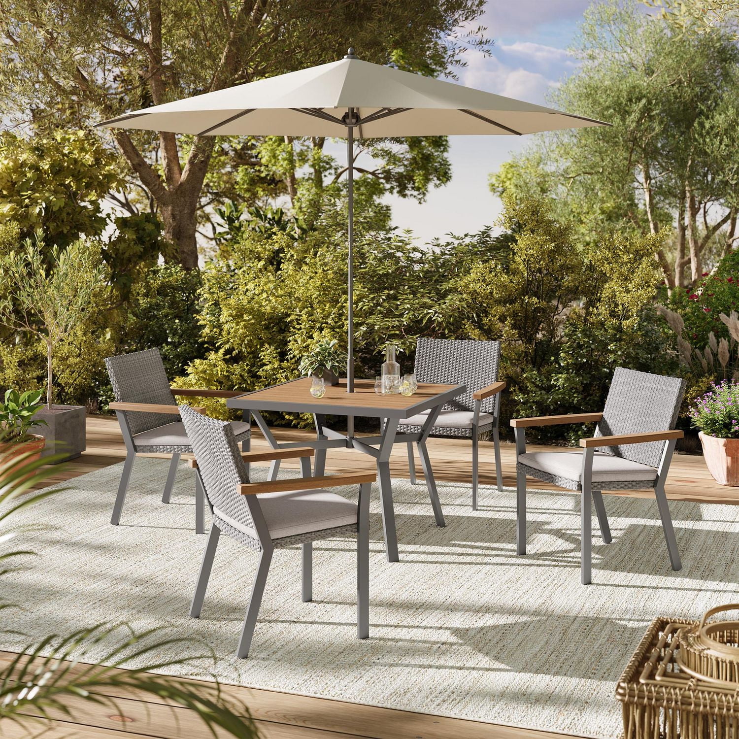 Songmics Home Sencillo Collection - 5 Piece Patio Furniture Set, 4 Dining Chairs, 1 Dining Table, Synthetic PE Rattan, Gray and Beige