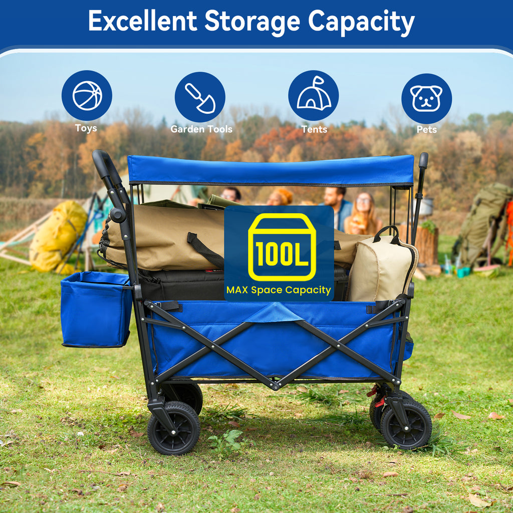 Collapsible Garden Wagon Cart with Removable Canopy, VECUKTY Foldable Wagon Utility Carts with Wheels and Rear Storage, Wagon Cart for Garden Camping Grocery Shopping Cart,Blue - image 4 of 9