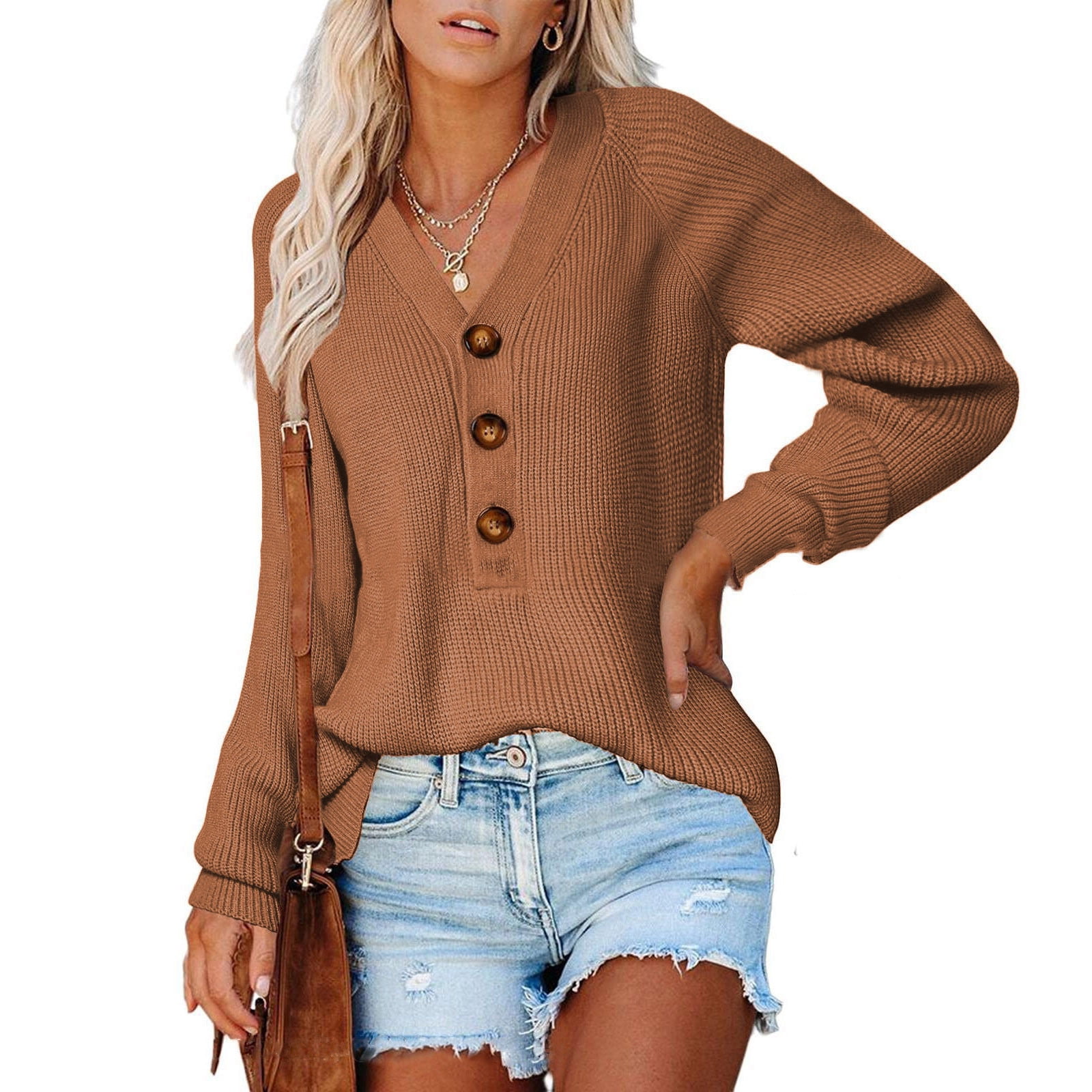 yievot Women Oversized Sweaters Sexy Deep V Neck Casual Soild Long Sleeve Buttons Pullover Knit Sweater Walmart