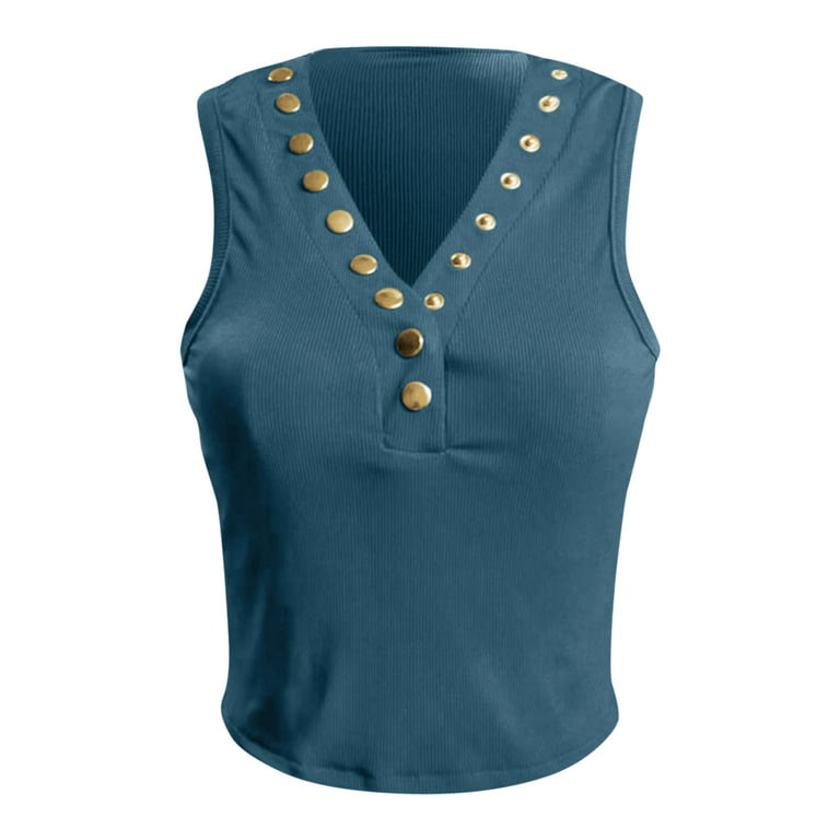 B91xZ Shirts For Women Women Thread Stripe Button Solid Color Slim Fashion  Vest Top Blue, M 