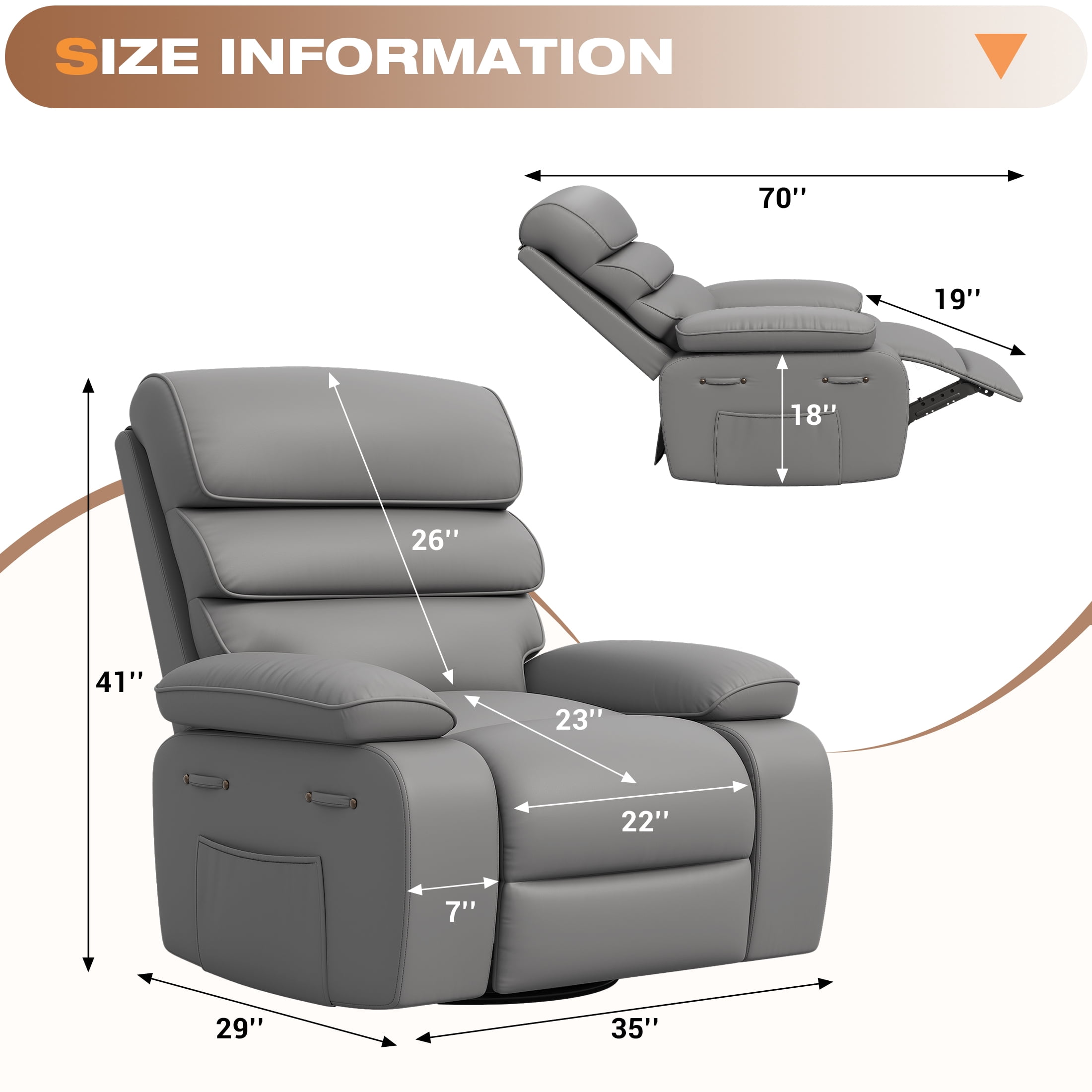 Techmilly Oversized Swivel Rocker  Recliner Chair with Heat and Massage, Adjustable Recline for Living Room,PU Leather (Light Grey 35" Seat Width)