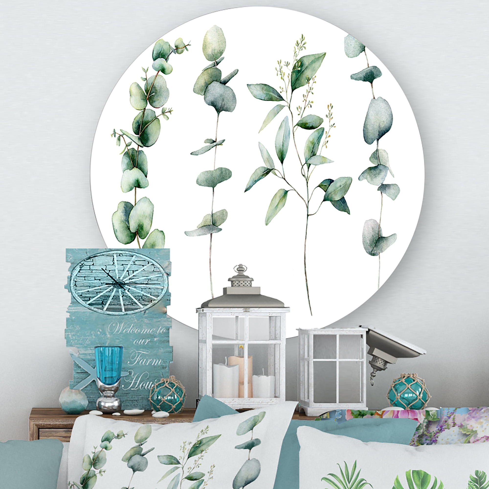 Designart 'Green Eucalyptus Plant Branches I' Traditional Circle Metal Wall Art 23x23 - Disc of 23