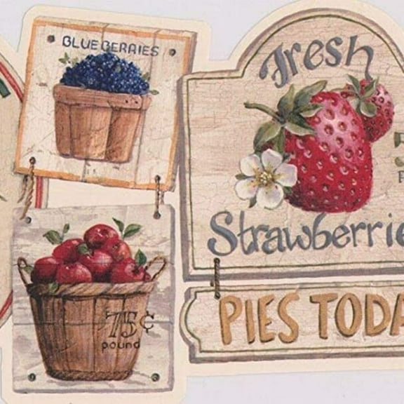 Concord Wallcoverings Wallpaper Border Kitchen Pattern Food Signs Fresh Vegetables Fruits for Dining Area Farmhouse, Dark Blue Brown Yellow Green Red, 9 Inches by 15 Feet AAI08152B
