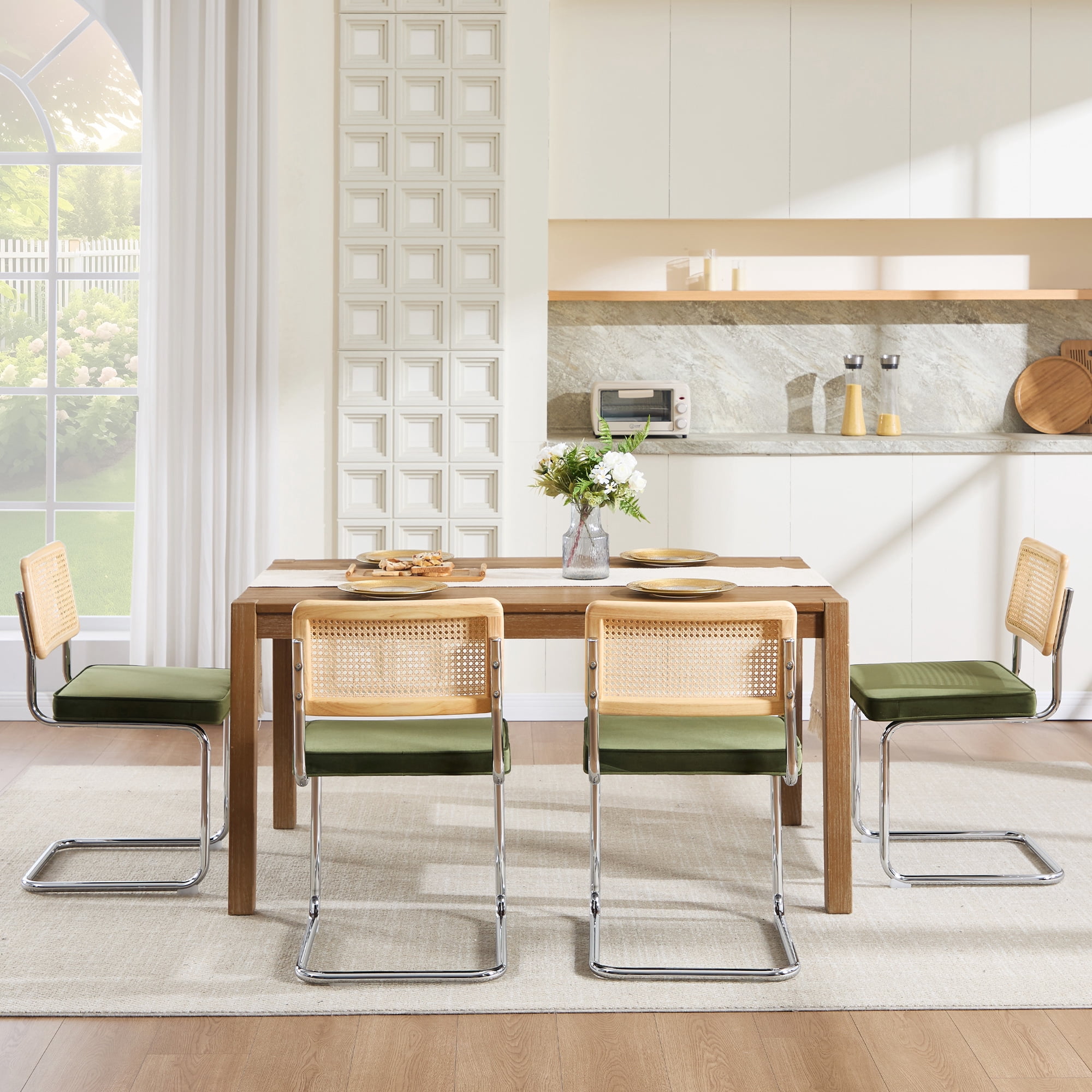 Zesthouse Rattan Dining Chairs Set of 4, Velvet Upholstered Dining Chairs with Cane Back and Chrome Legs, Mid Century Modern Kitchen Side Chairs for Living Room, Green