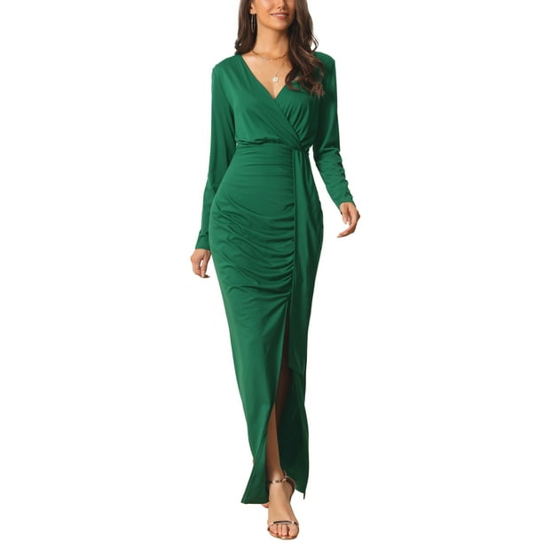 VESTIDO MAXI BODYCON PARA MUJERES INSPIRE CHIC CON CUELLO EN V Y MANGA LARGA, ABERTURA LATERAL, VESTIDO DE FIESTA TALLA S VERDE OSCURO