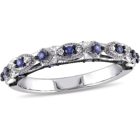 Tangelo 1/3 Carat T.G.W. Created Blue Sapphire and Diamond-Accent 10kt White Gold Vintage Miligrain Design Wedding Band