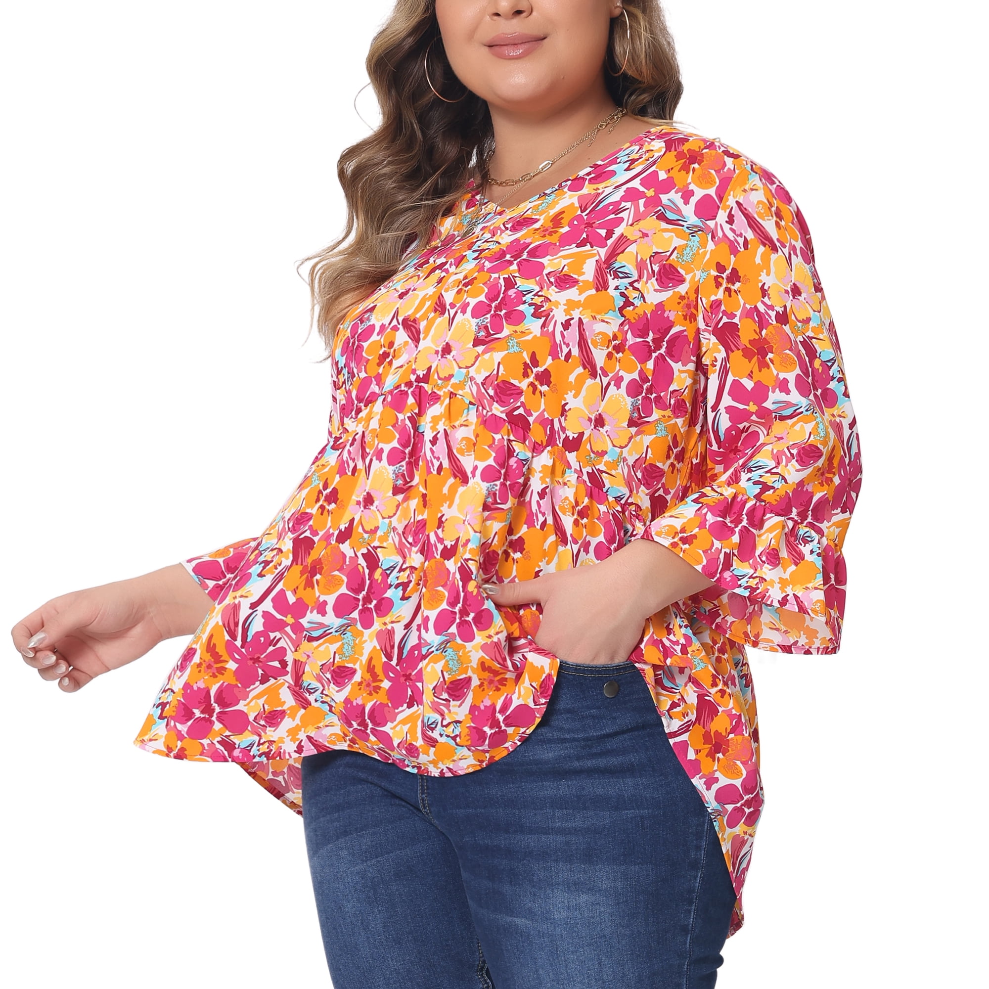 Women's Plus Floral Blouses V Neck Ruffle 3/4 Sleeve Babydoll Peplum Tops 4X Orange