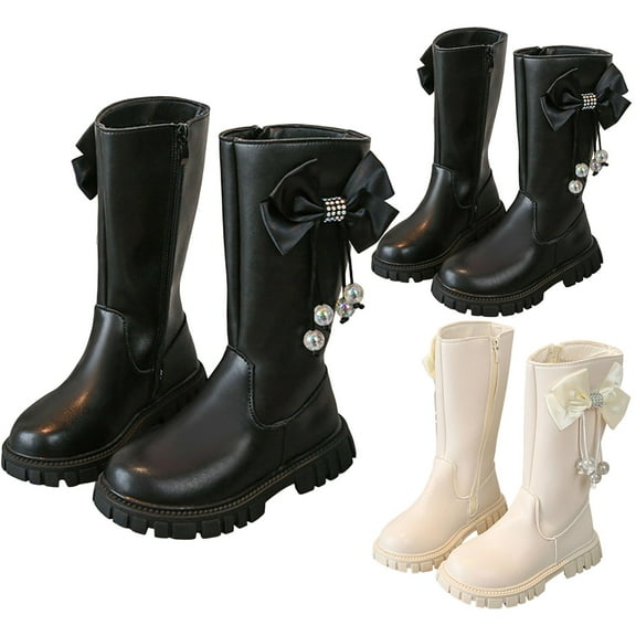 Dakaela Girls Mid Calf Boots Kids Long Tall Winter Booties Waterproof Cute Dress Shoes for Outdoor Wedding Party Beige