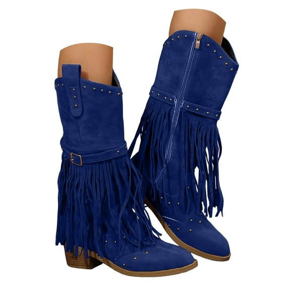 IUJSOY Tassel Cowboy Boots for Women Side Zipper MId Calf Boots Stacked Heel Pointy Toe Western Boot