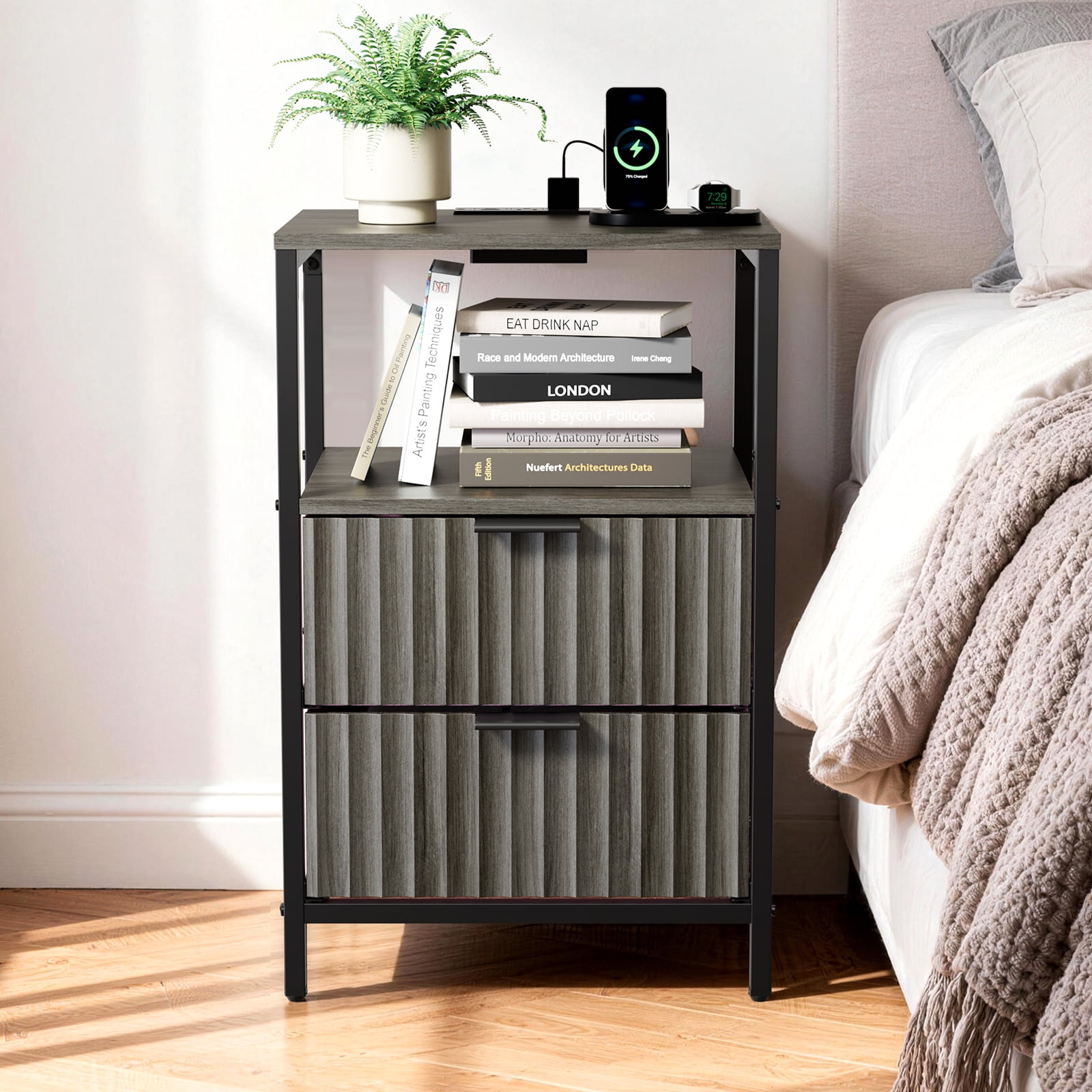 Ktaxon Nightstand with Charging Station End Table with 2 Fabric Drawers Bedside Table Furniture for Bedroom, Living Room,Fluted Gray Wave Design