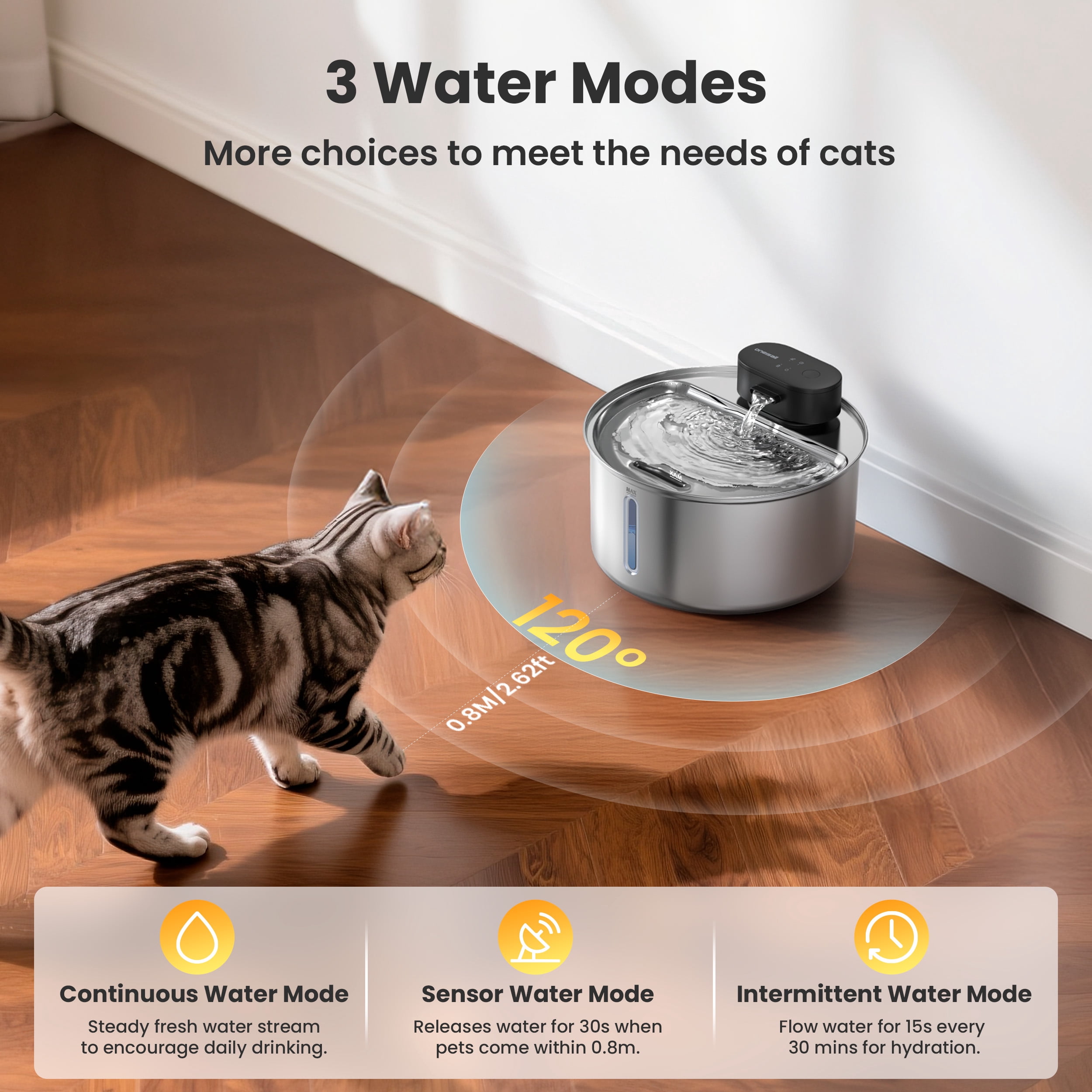 Oneisall CW-05 Stainless Steel Cat Water Fountain Wireless, 3.2L/108oz Low Noise Automatic Water Dispenser for Cats, Triple Filter Cat Fountains for Drinking - Silver