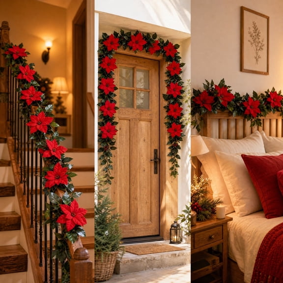 Christmas Decorations Poinsettia Garland, 6.5 FT Artificial Garlands with Red Flowers and Berrie for Xmas New Year Home Decor,175cm100g