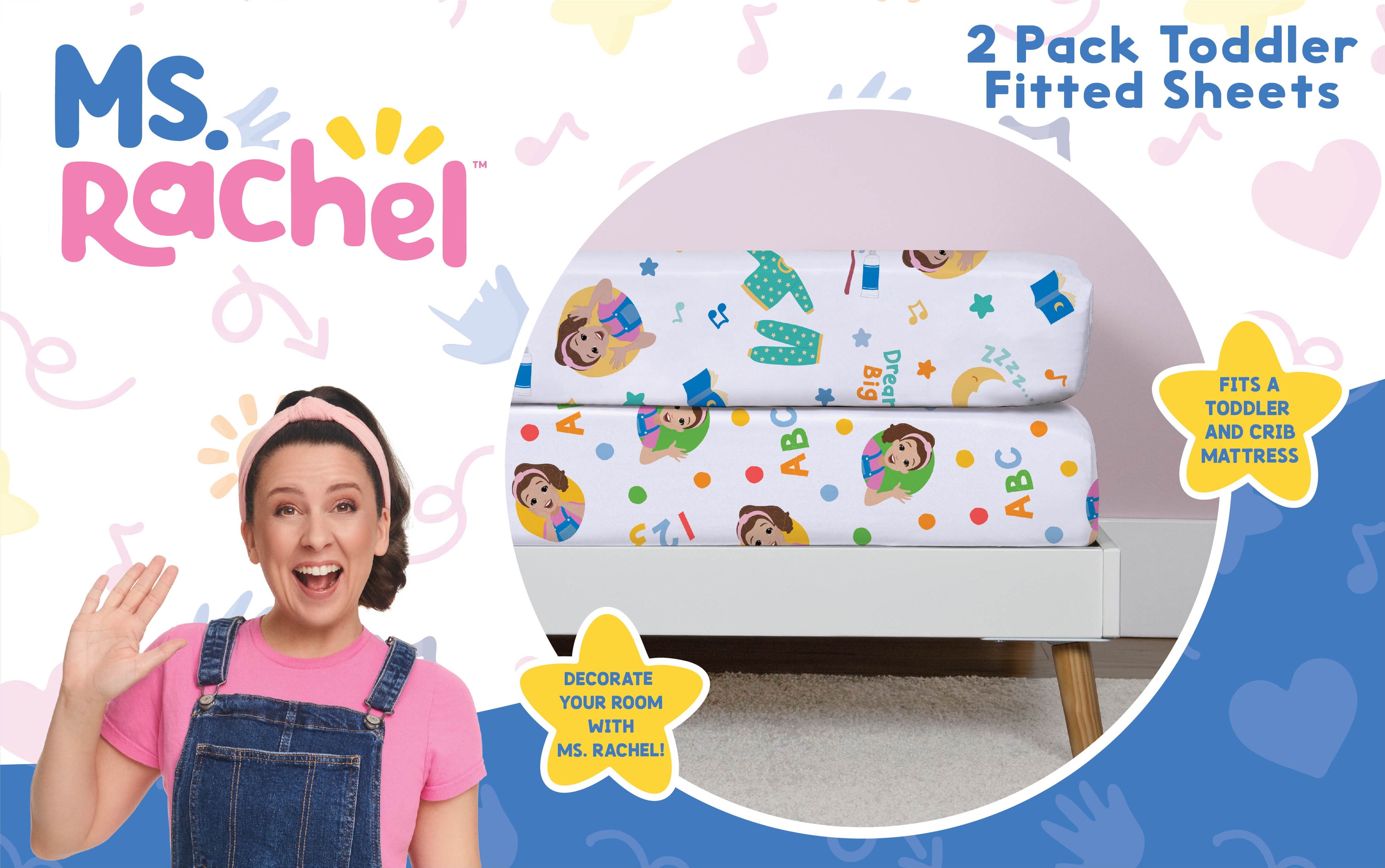 NoJo Ms. Rachel Toddler 2-Piece Unisex Fitted Bed Sheet Set