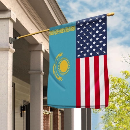 American Kazakhstan Flag Kazakh Friendship U.S.A Memorial Day Patriotic For Garden Flag, Double-Sided Decorative Outdoor Flag, Patriotic Polyester Yard Flag 12 x 18 in