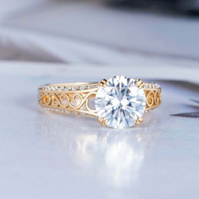 HeartsAndYou 1.5ct Round Cut Moissanite Engagement Ring for Women Filigree Solitaire 18k Yellow Gold over Silver