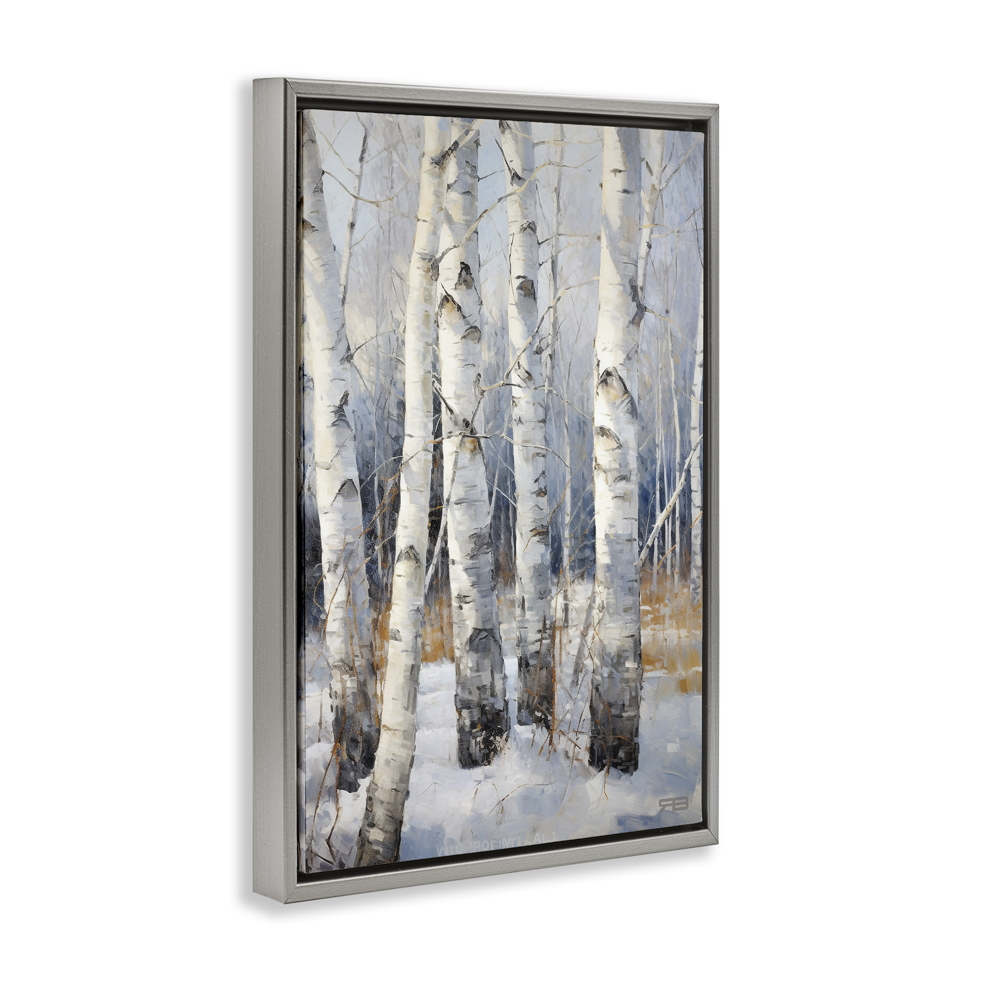 Stupell Industries Snowy Birch Forest Landscape Painting Gray Floater Framed Art Print Wall Art, 21 x 31