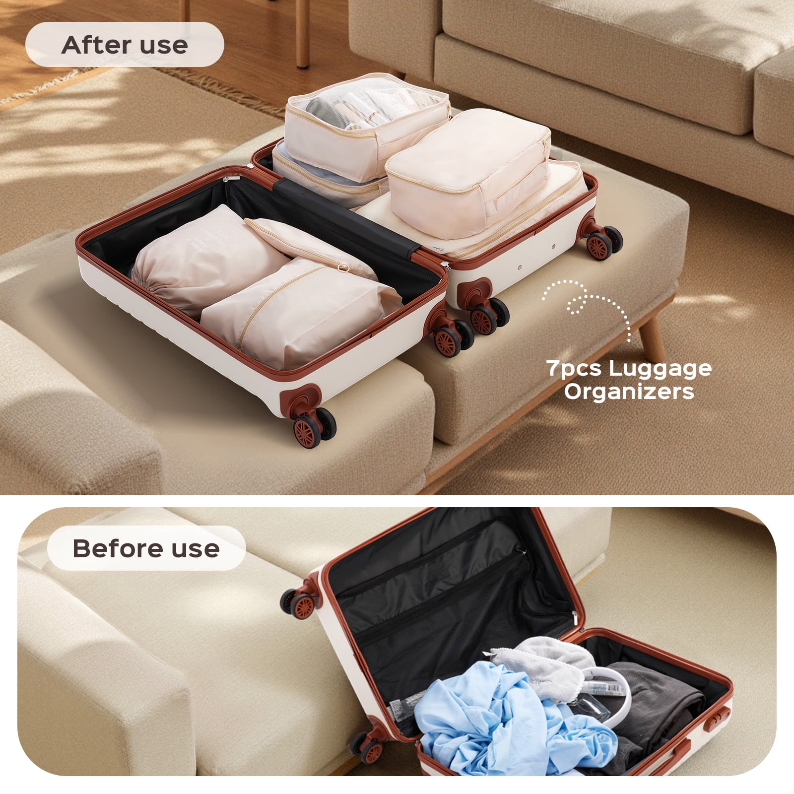 Gowill 4 Piece Luggage Sets with 7 Pieces Organizer Bags, 20/24/28/32 inch ABS Carry-on and Checked Suitcase Large Travel Sets, White Tan