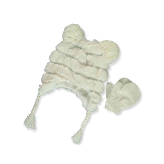 Laura Ashley Baby Girls' Plush Sequin Hat With Mittens Set Color: ivory Size: 6 - 12 months