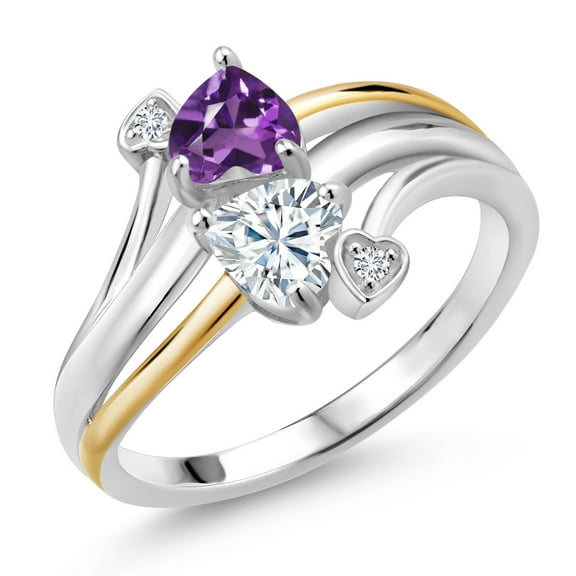 Gem Stone King 925 Silver and 10K Yellow Gold 2 Heart Promise Couple Engagement Mother Lab Grown Diamond Ring Amethyst Moissanite (0.86 Cttw, Size 6)
