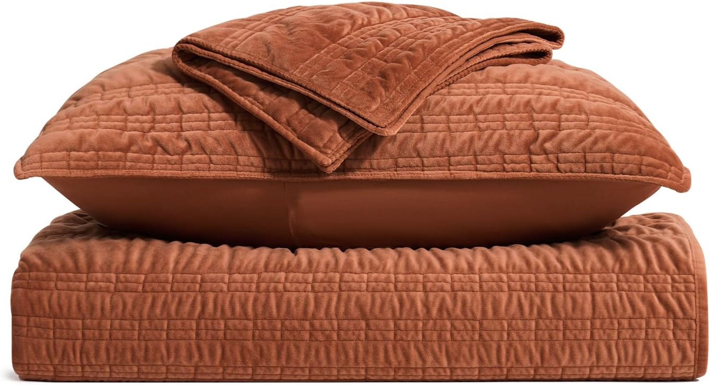 EVERGRACE Velvet Quilt Queen Size, Luxury Velvet Bedding Set, Ultra Soft Ruched Quilt Sets, Lightweight Comforter Vintage Textured Bedspread Coverlet with 2 Shams for All Season, Burnt Orange