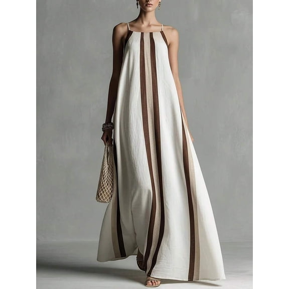 Ivory White Striped Linen-Blend Sleeveless Halter Maxi Slip Dress