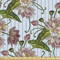 thumbnail image 1 of Floral Fabric by the Yard, Swirly Lotus Blossoms Flowering Zen Flourish on Striped Backdrop, Decorative Upholstery Fabric for Chairs & Home Accents, Olive Green and Dried Rose by Ambesonne, 1 of 5