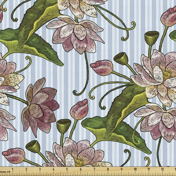 Floral Fabric by the Yard, Swirly Lotus Blossoms Flowering Zen Flourish on Striped Backdrop, Decorative Upholstery Fabric for Chairs & Home Accents, Olive Green and Dried Rose by Ambesonne
