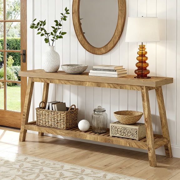 KIOOTTO 70.9" Extra Long Farmhouse Console Table, Light Brown 2-Tier Solid Wood Entryway Table, Narrow Sofa Table Behind Couch for Hallway & Living Room